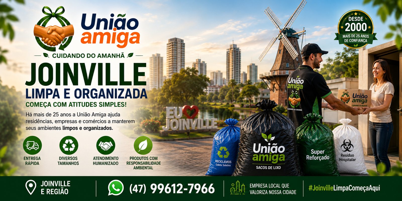 Entregador da União Amiga entregando uma caixa a uma cliente sorrindo, com o moinho e os prédios de Joinville ao fundo. Desde 2000, entrega rápida em Joinville e região