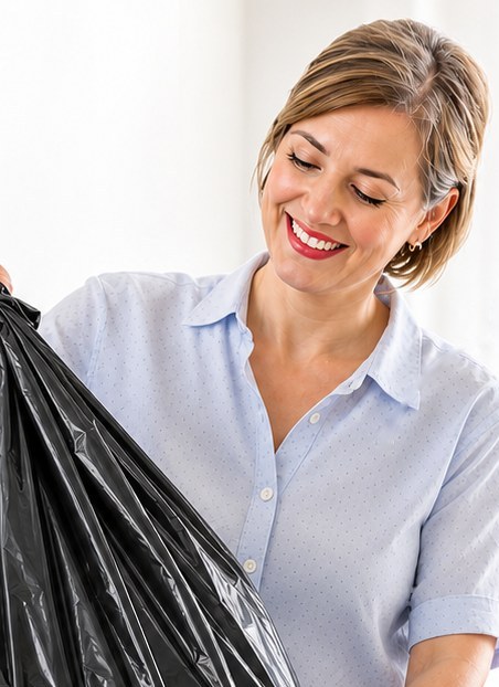 Mulher sorrindo segurando um saco de lixo preto reforçado